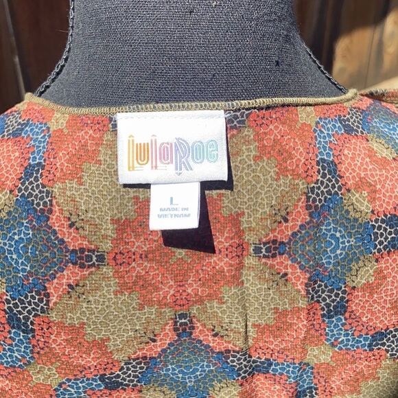 LulaRoe Monroe cardigan career sheer fringe black red brown geometric Large - Picture 2 of 4